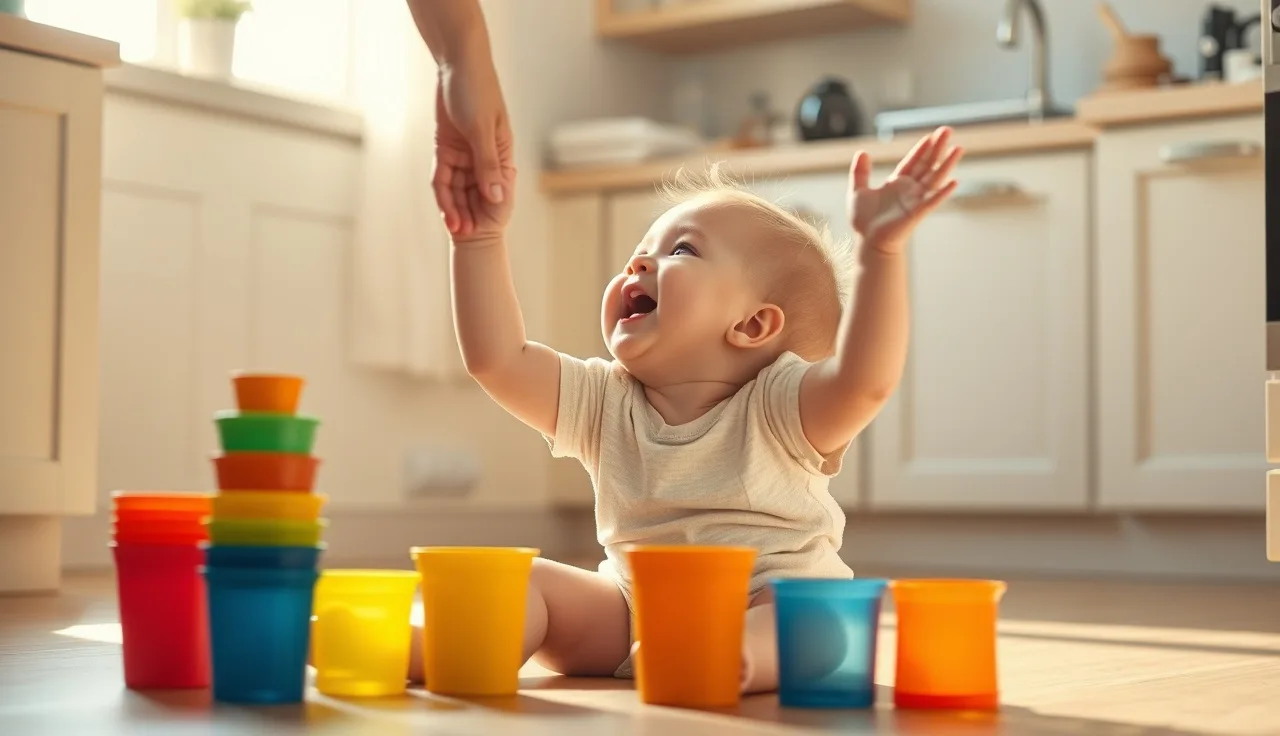 Toddler babbling and reaching toward parent during play on kitchen floor