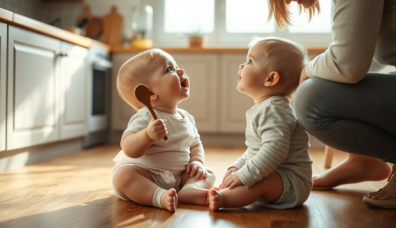 Toddler on kitchen floor making sounds toward parent, capturing early speech development at 12 to 18 months