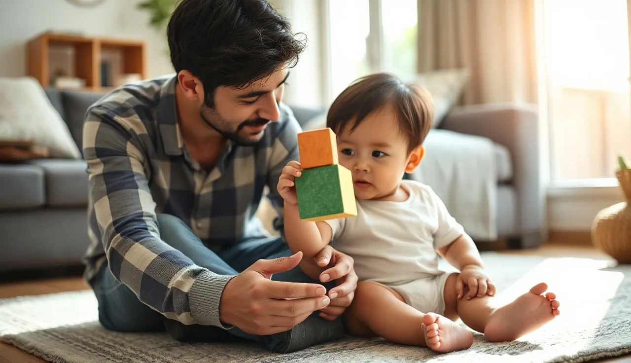 Parent and one-year-old baby sharing attention over a wooden block indoors