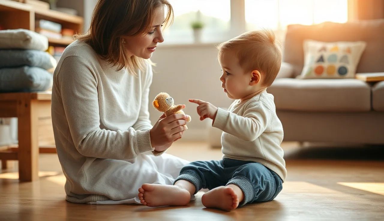 Toddler pointing at a plush animal while parent watches, warm living room light