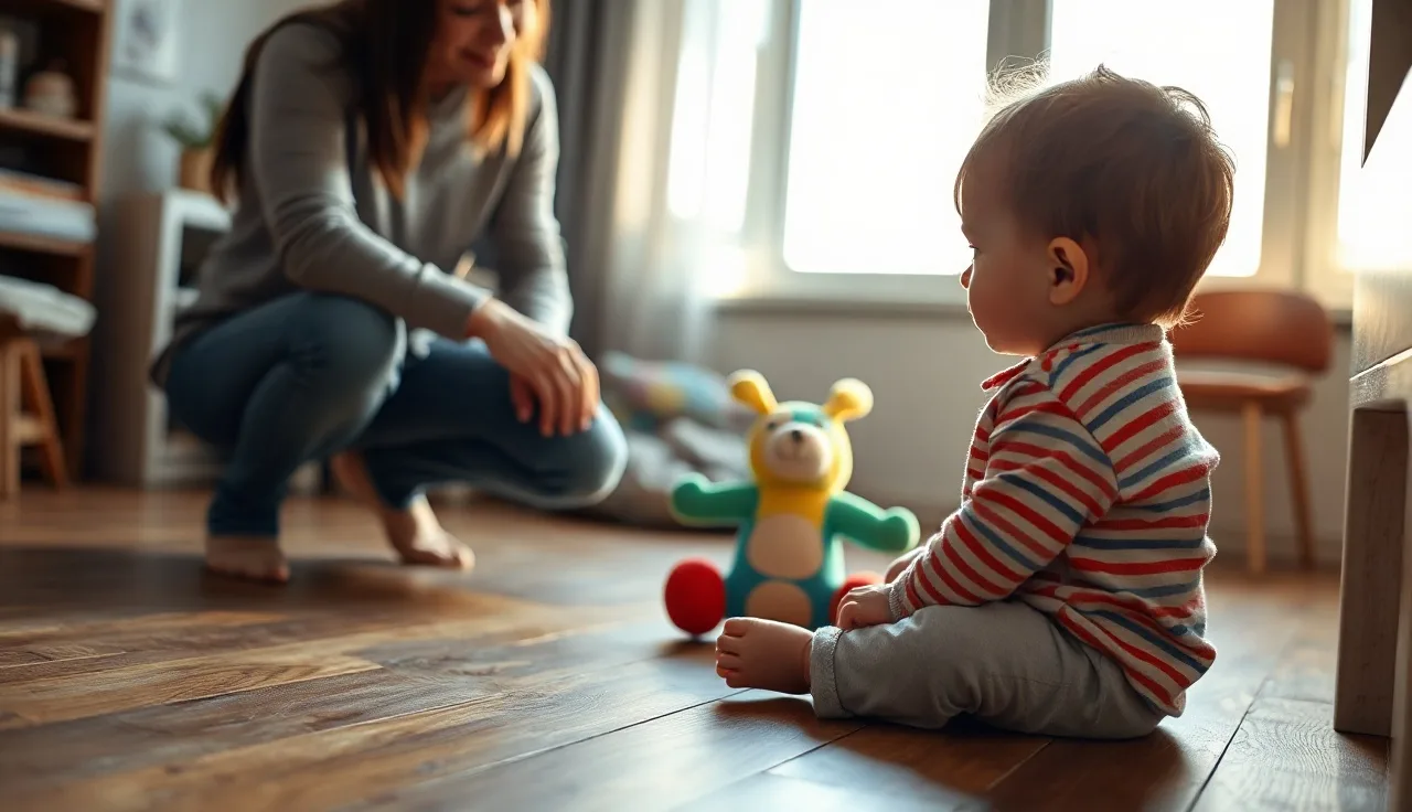 Toddler and parent at eye level playing together on a home floor
