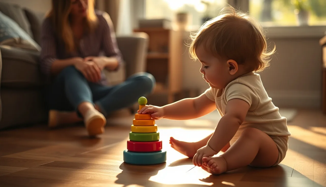 Toddler reaching for a stacking toy while parent watches, 15-month speech development scene