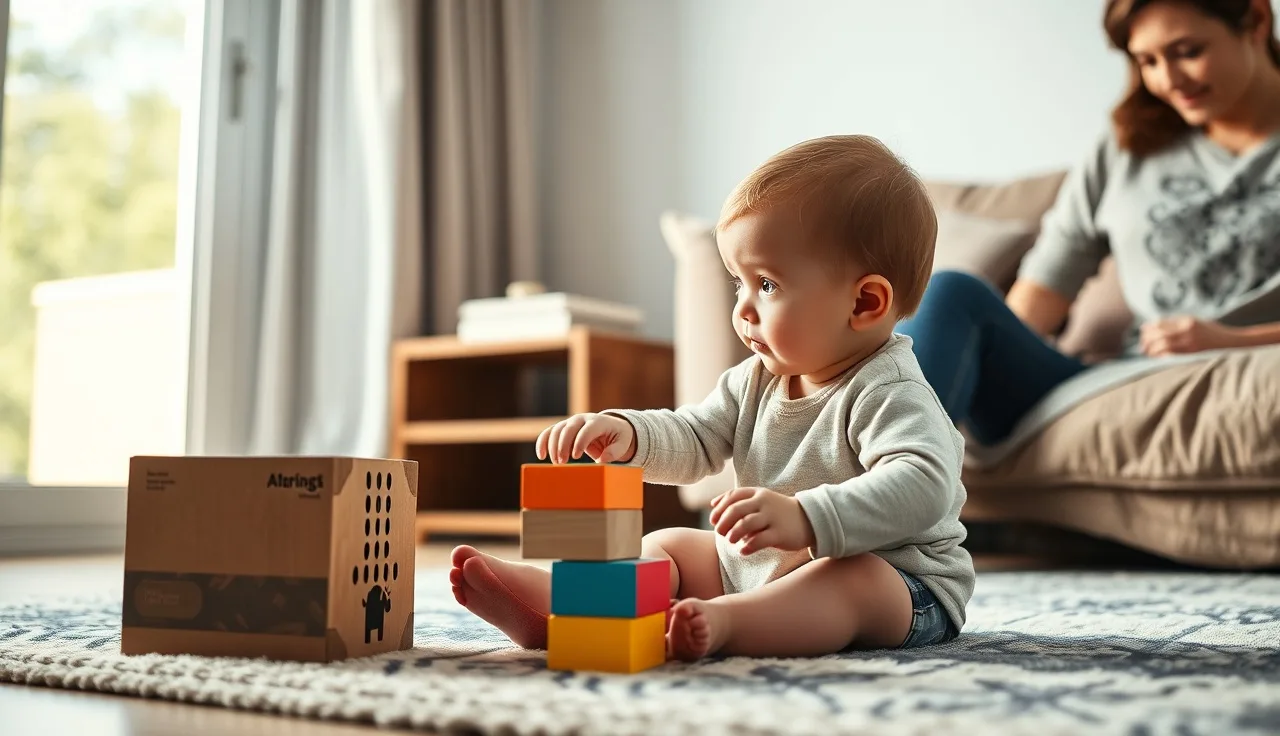 Toddler reaching for a wooden block while making eye contact with a parent