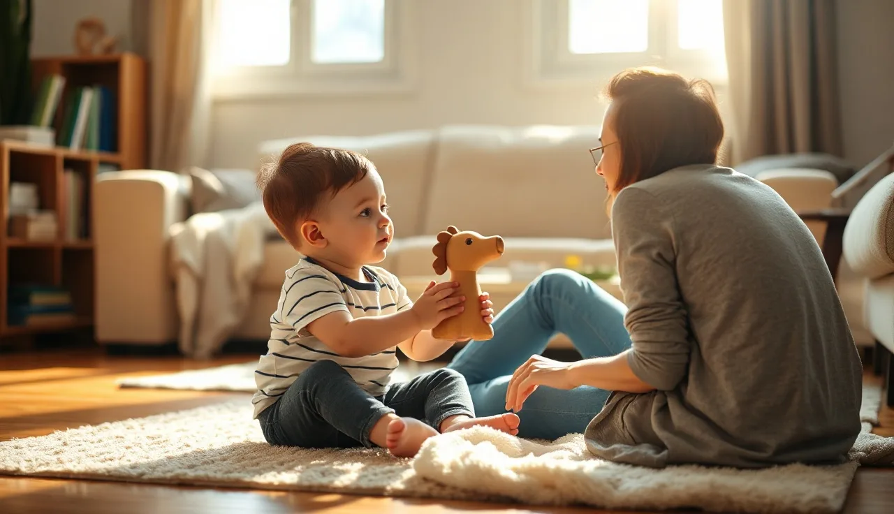 Toddler holding a toy and looking at parent during a speech-rich play moment