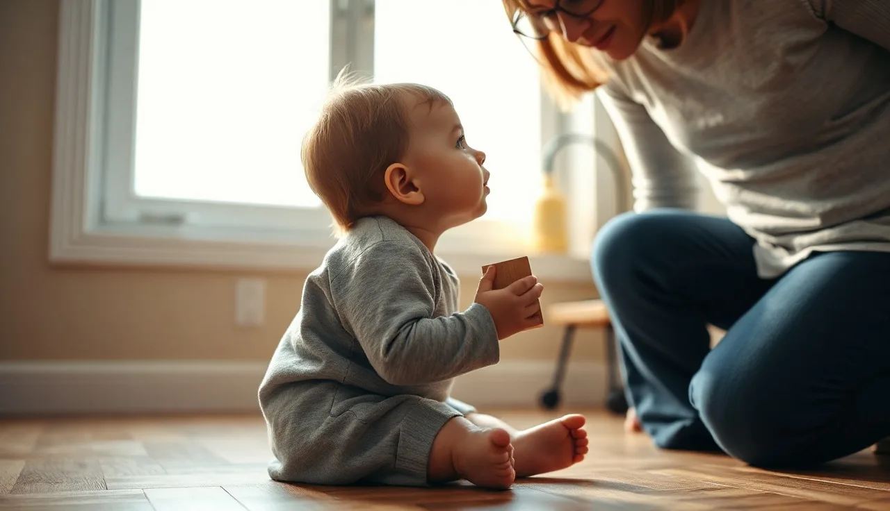 Toddler and parent on kitchen floor exploring a wooden block together