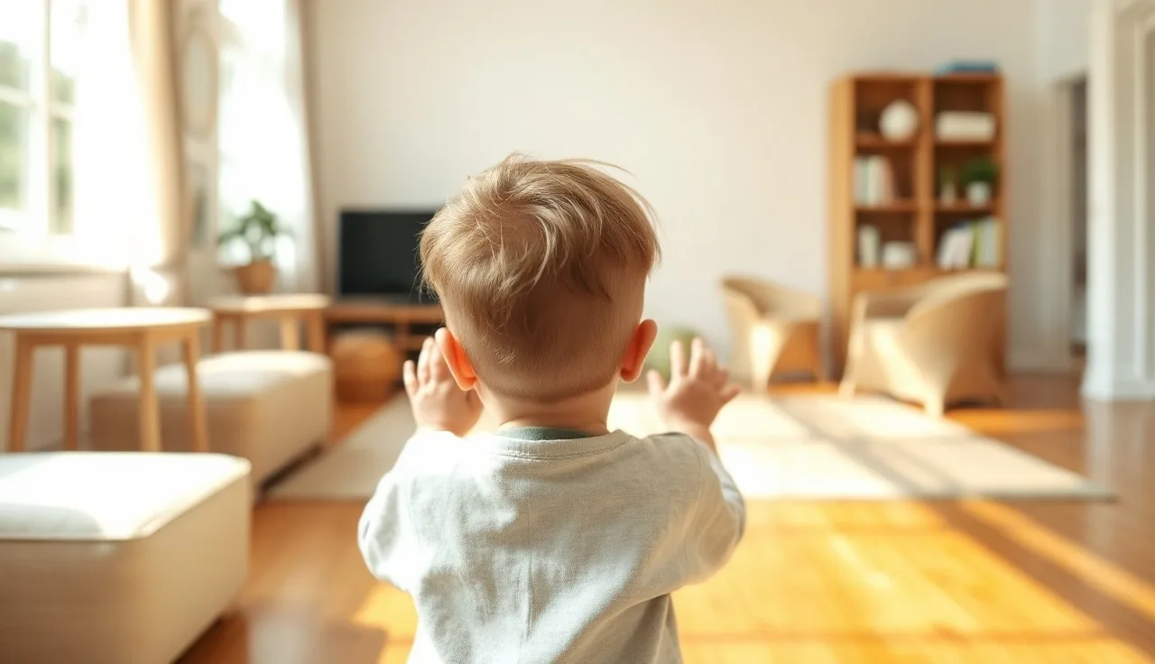 Toddler talking to a white wall in a sunlit living room, seen from behind