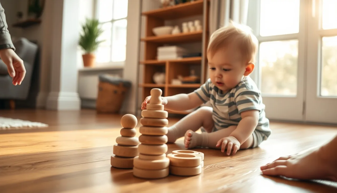 18-month-old toddler reaching for colorful wooden rings during play at home