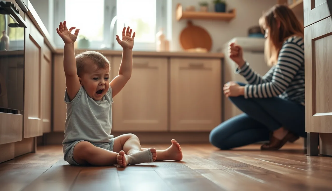 Toddler having a tantrum on the kitchen floor while parent tries to communicate with them