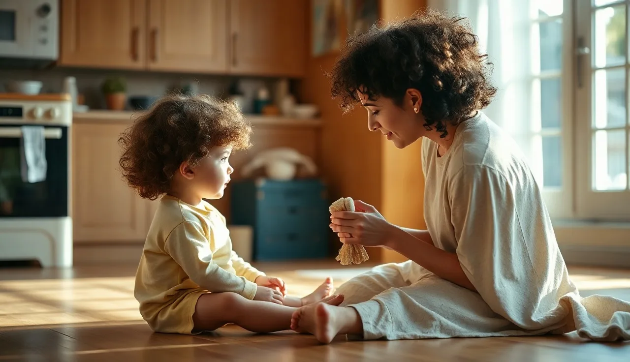Toddler and caregiver engaged in play on kitchen floor during speech activity