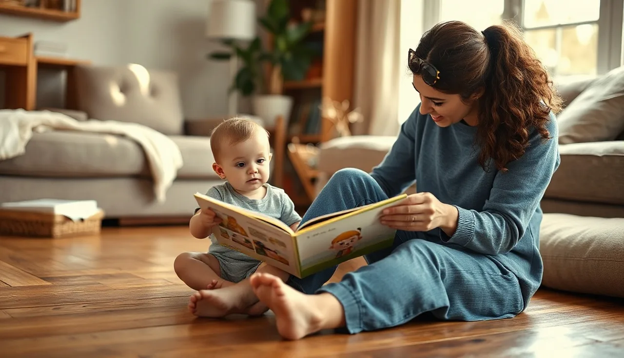 Parent and toddler sharing a picture book on the floor, encouraging communication