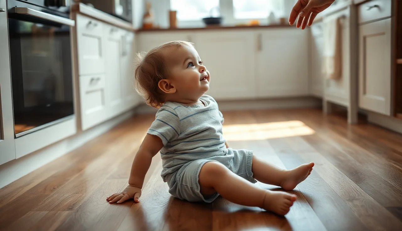 Toddler pointing upward on kitchen floor while parent watches nearby