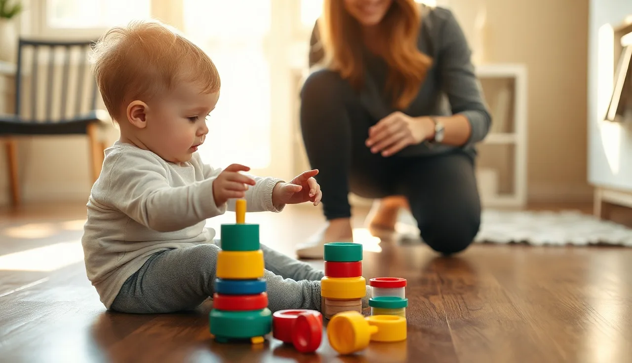 Toddler and parent playing with stacking rings on a sunlit living room floor