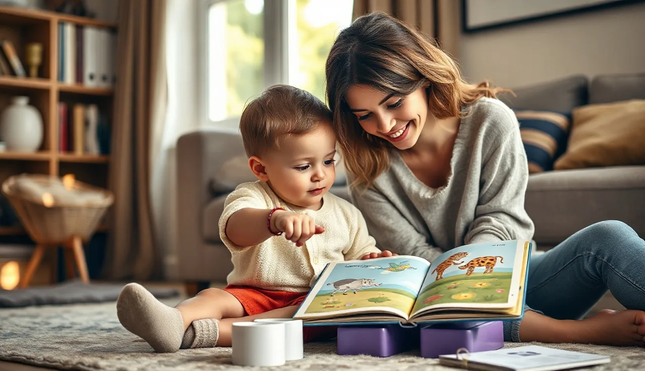 Toddler pointing at a board book with mother during home reading time