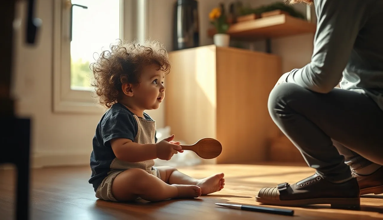 Toddler speaking to a parent in a sunlit kitchen at 21 months