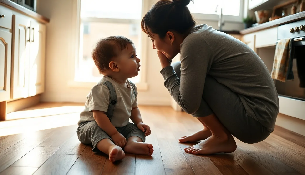 Toddler on kitchen floor making eye contact with parent during early talking activity