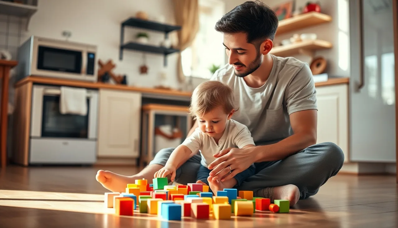 Parent and toddler playing with blocks during home speech practice time