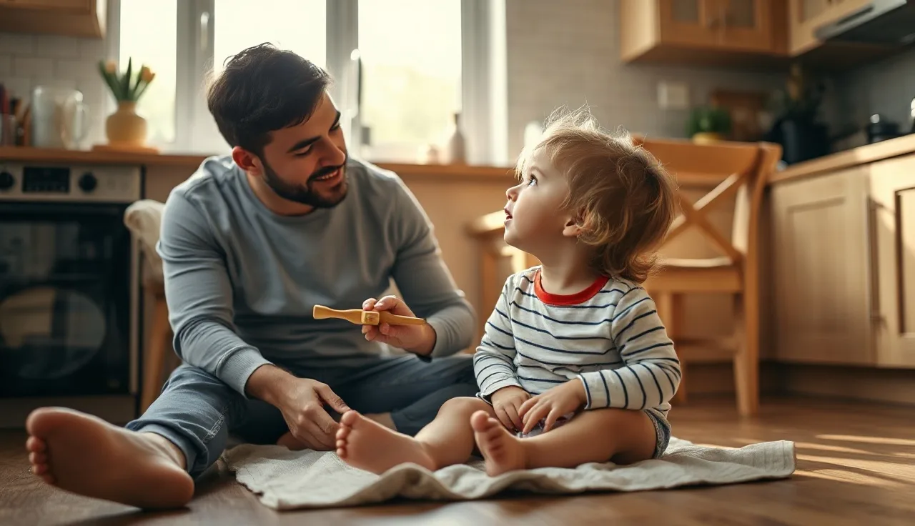Toddler speaking to parent on kitchen floor, warm afternoon light