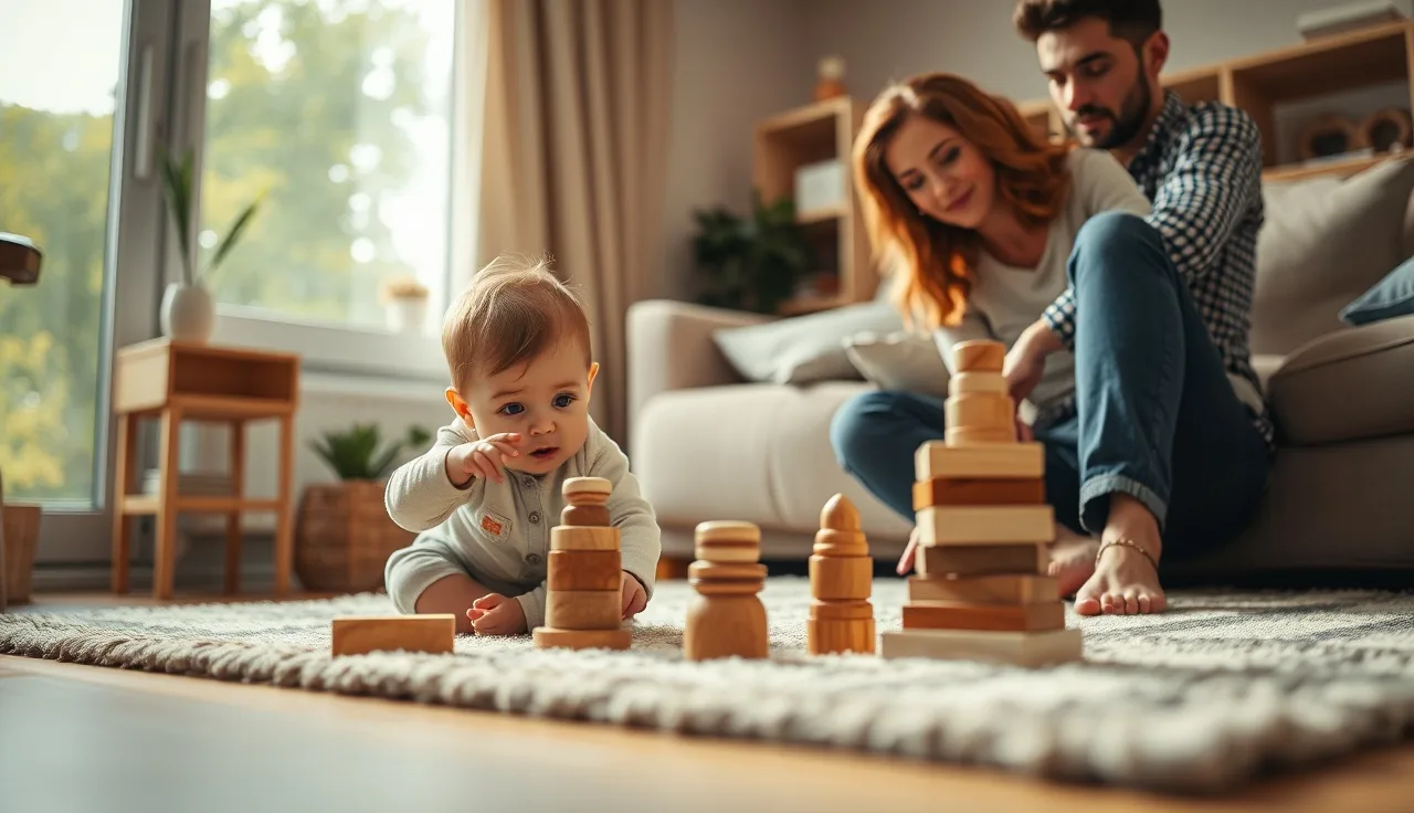 Toddler playing with wooden toys on a rug while parent watches, soft afternoon light