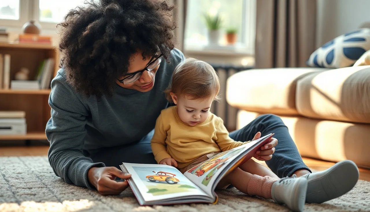 Toddler pointing at a picture book while sitting with a parent on a living room floor