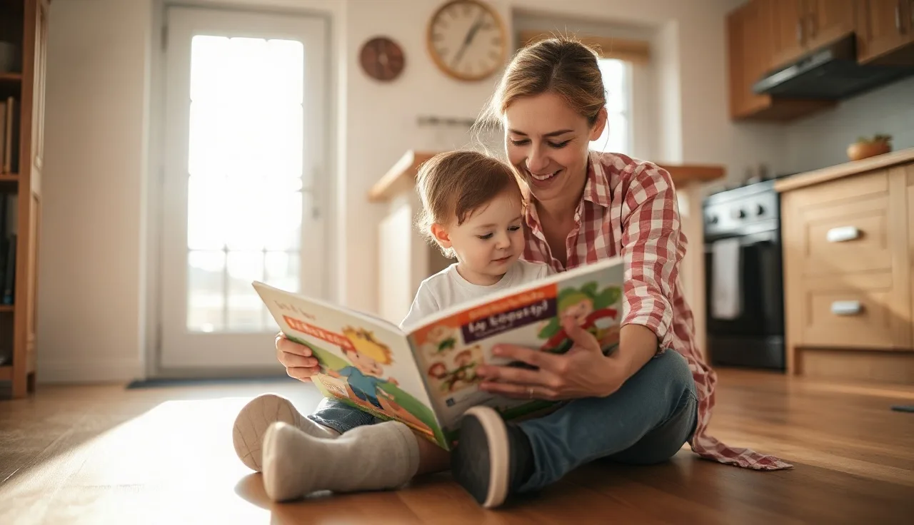 Toddler and caregiver reading a picture book together on a kitchen floor