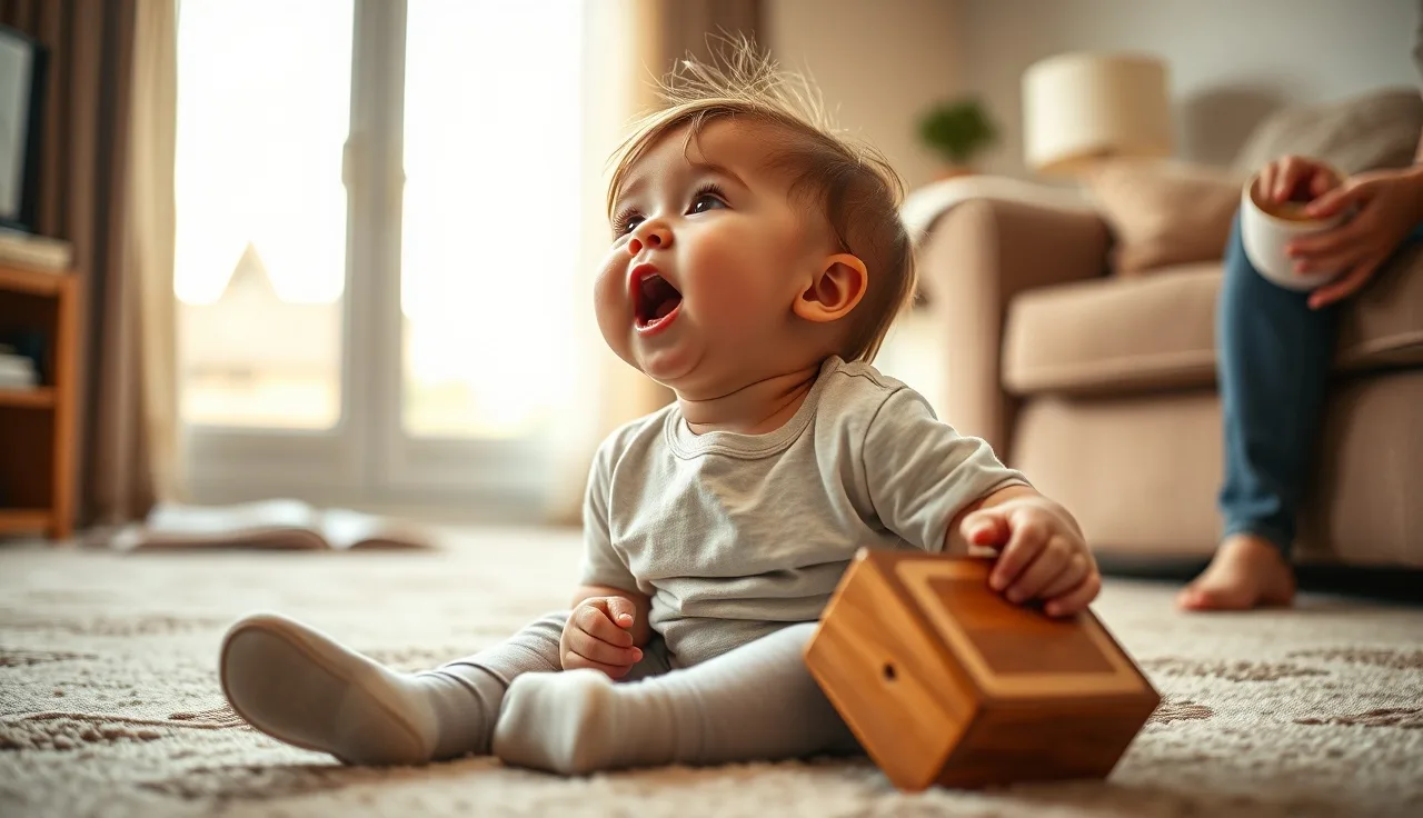 Toddler with a wooden toy looking up mid-word, soft afternoon light