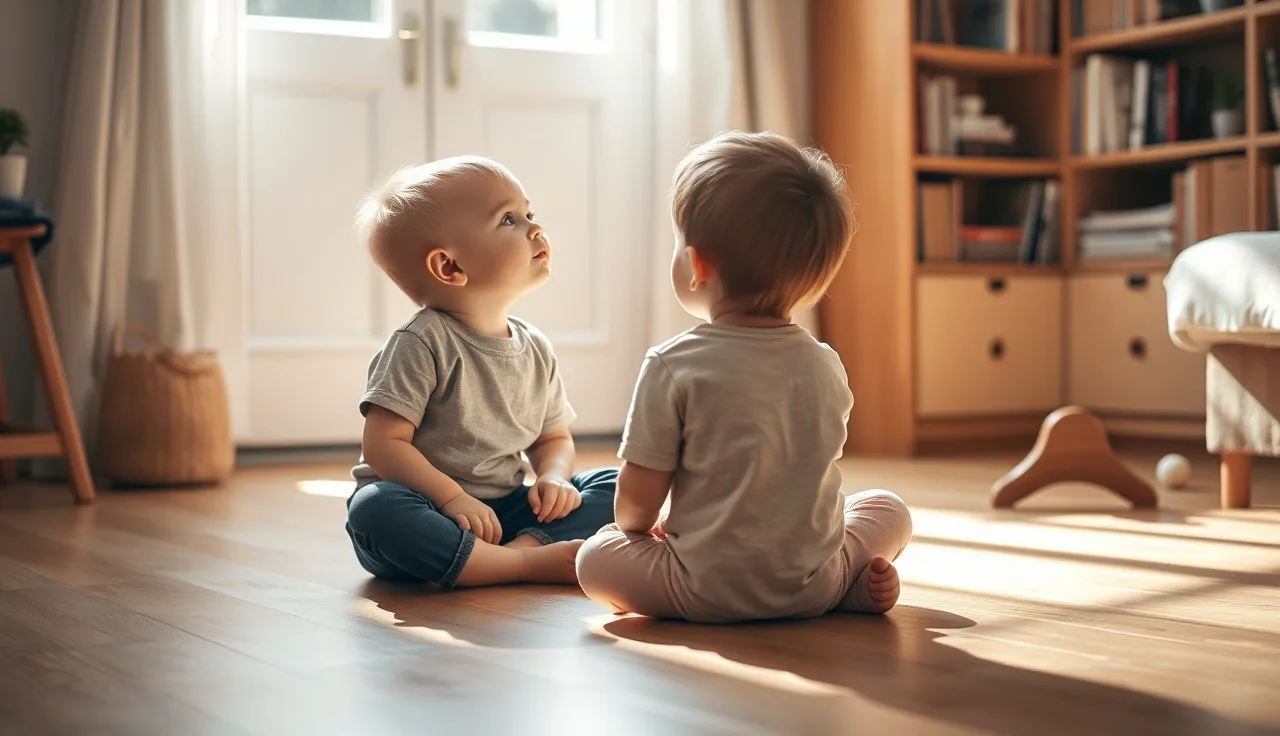 Young child and parent face to face in conversation on a sunlit home floor