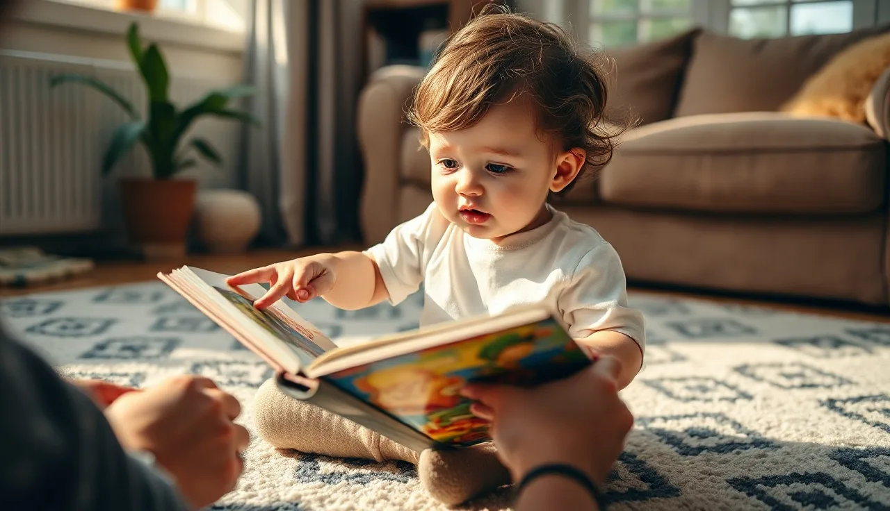 Toddler pointing at a picture book during speech practice at home
