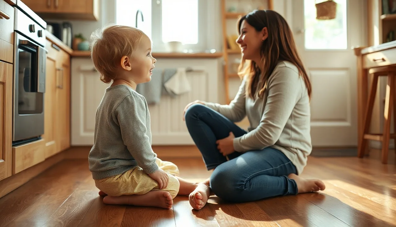 Toddler and parent talking together on a kitchen floor, warm afternoon light