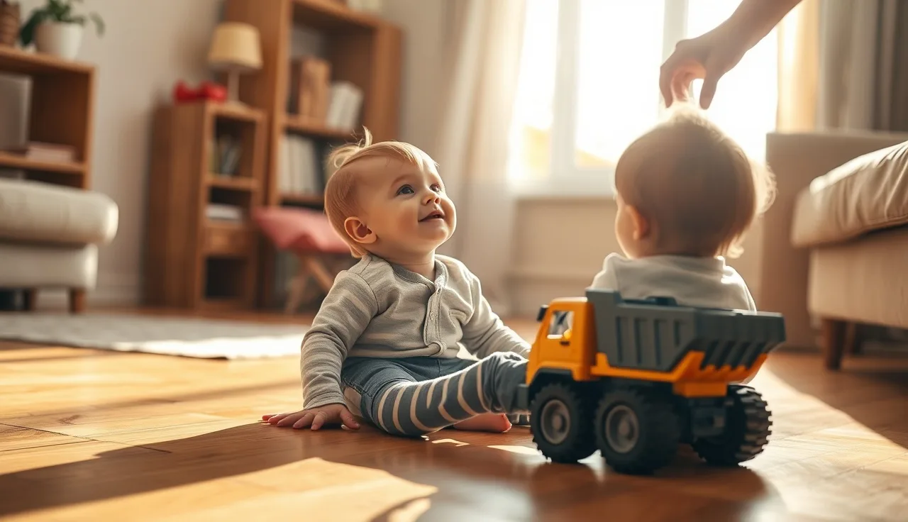 Toddler looking up at parent holding toy during speech play at home