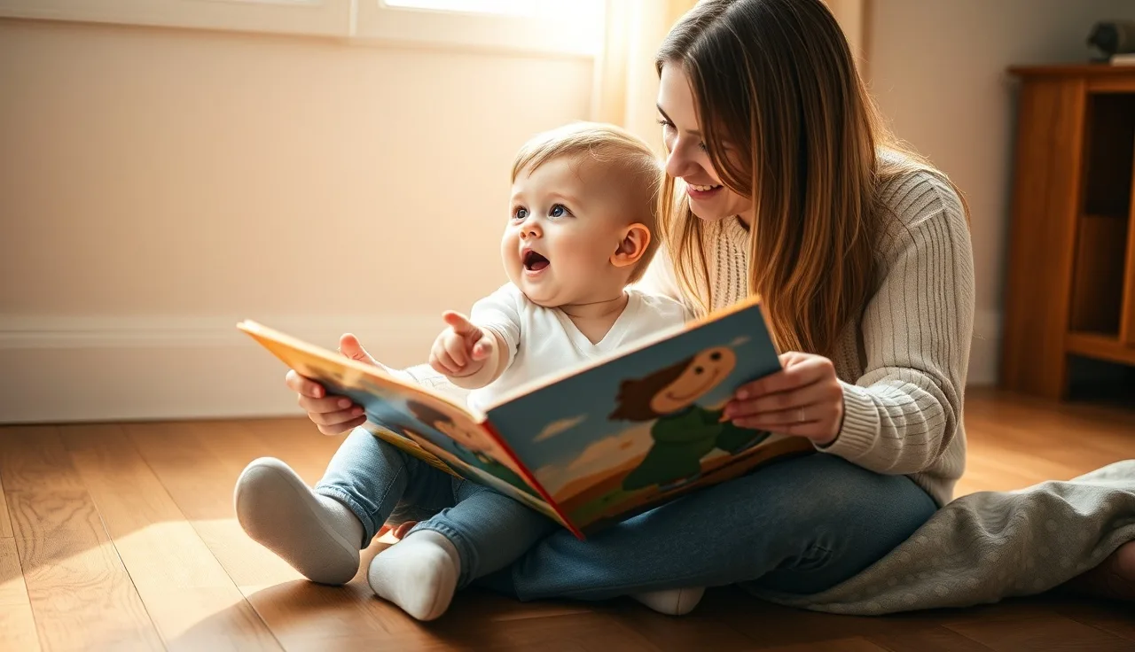 Toddler pointing at picture book page while parent listens during morning reading