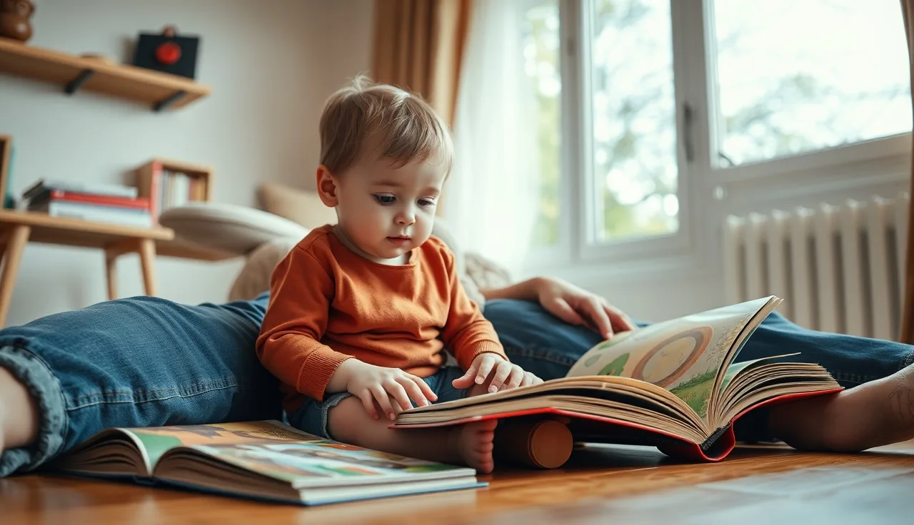 Young child and parent looking at picture books together on the floor