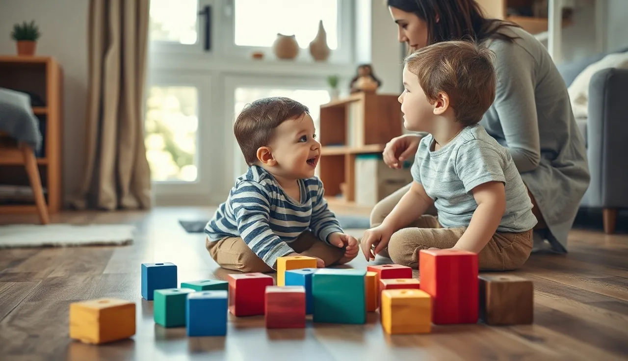Toddler boy talking to a woman while playing with wooden blocks on a floor