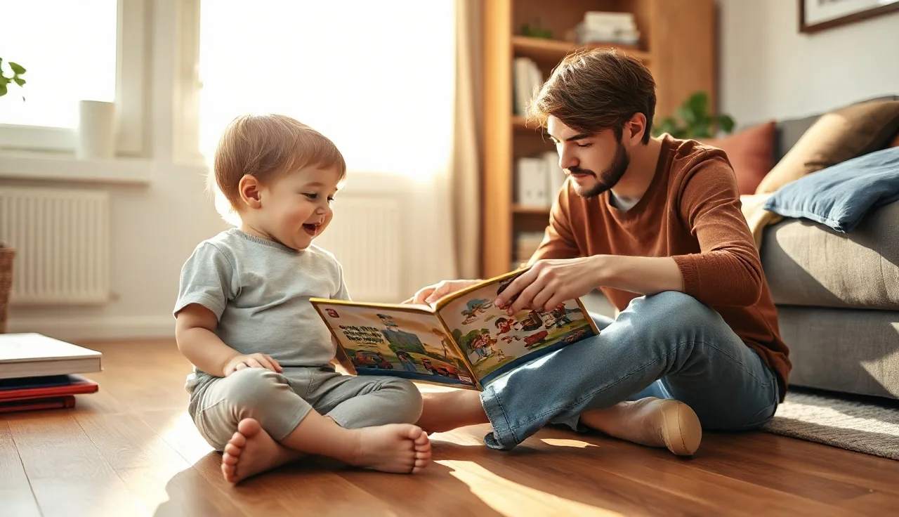Four year old child talking with adult over an open picture book on wooden floor