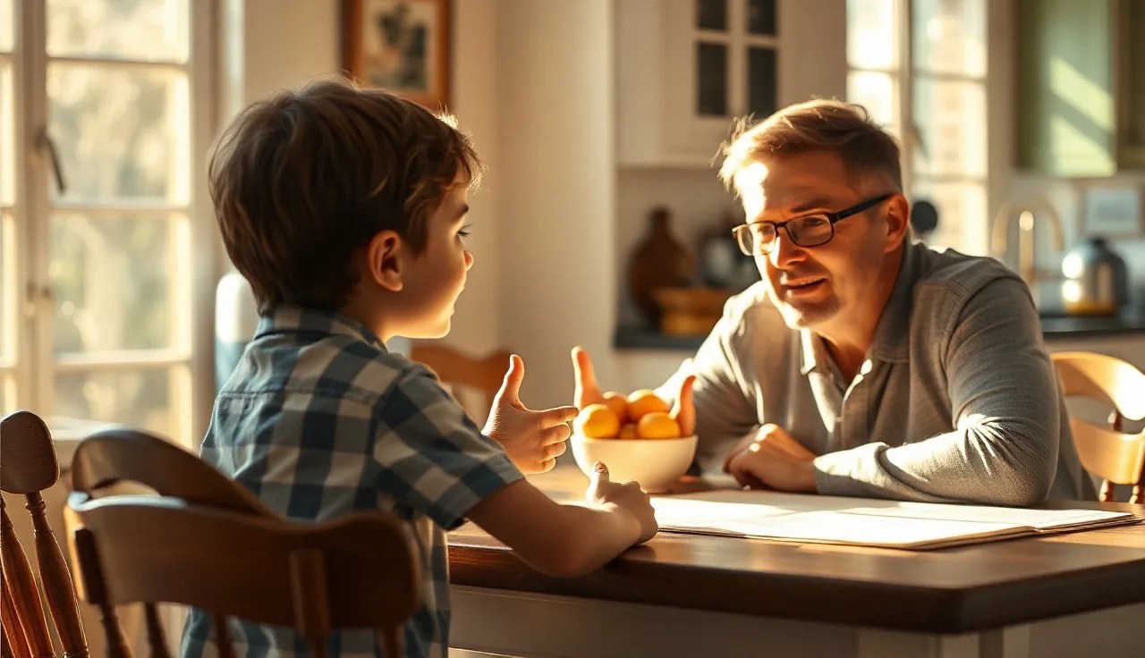 Young child talking expressively with an adult at a sunlit kitchen table