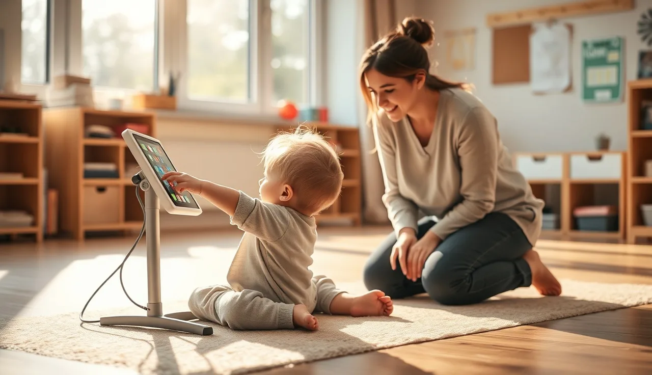 Young child using AAC tablet device during speech therapy session with therapist