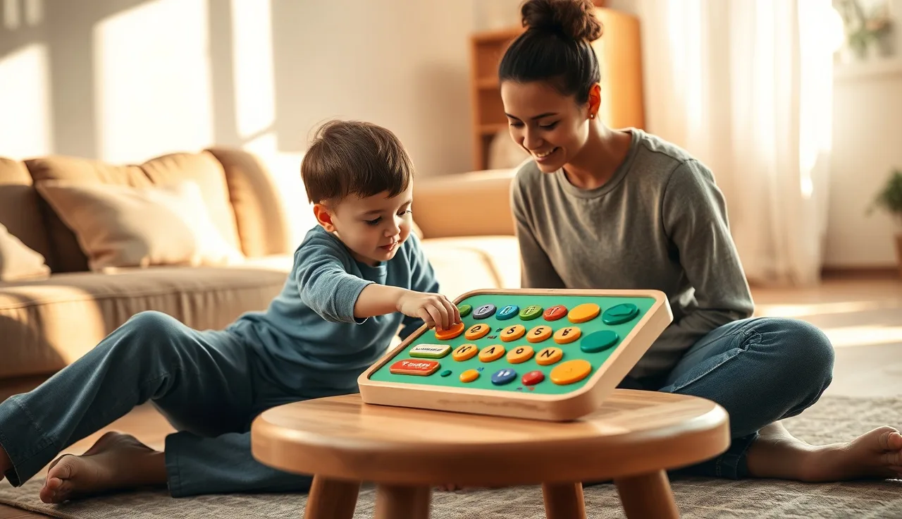 Parent and child using a colorful AAC communication board together at home