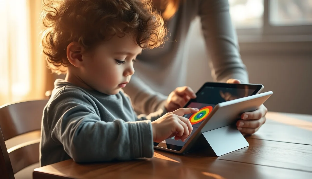 Young child using a colorful AAC communication tablet at a wooden table