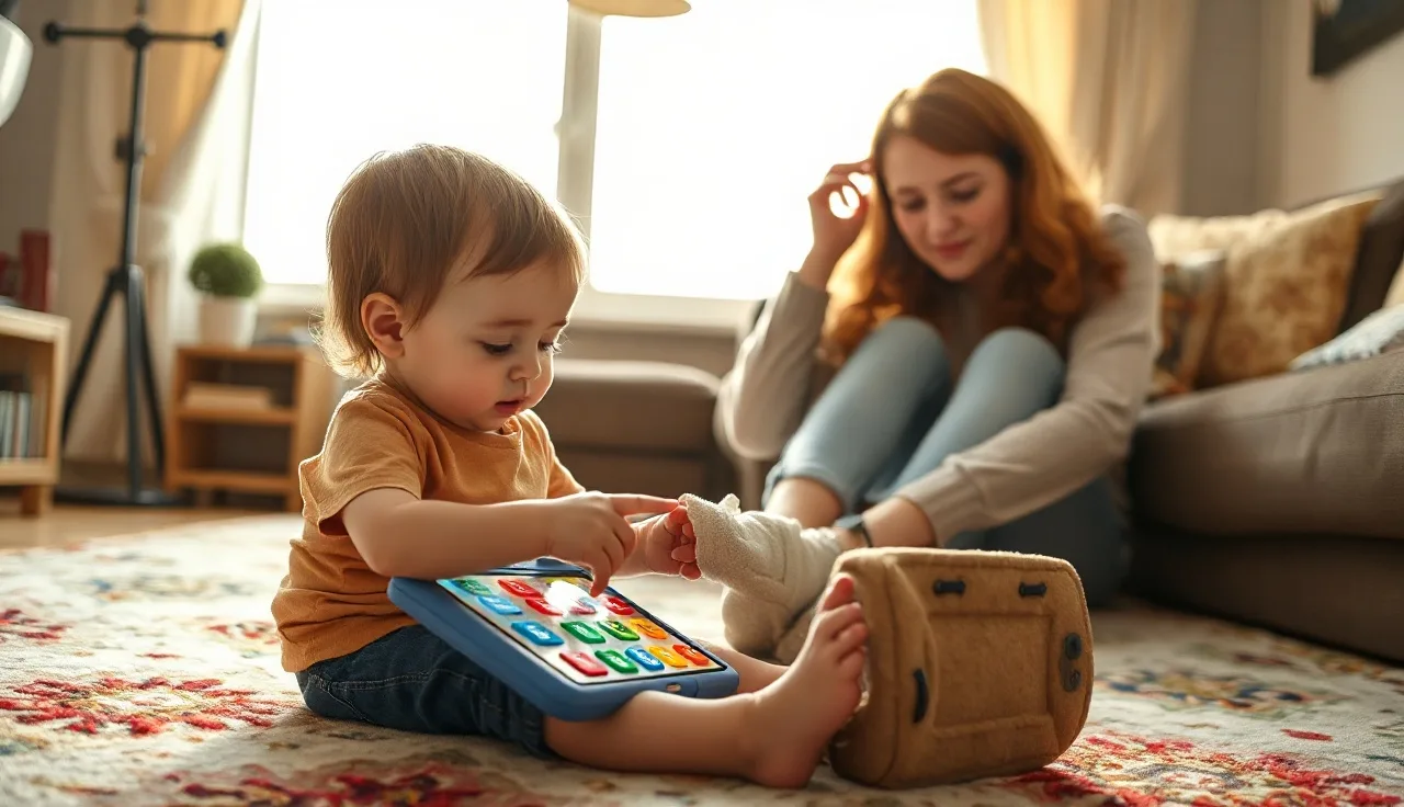 Child using a colorful AAC speech device on a living room floor
