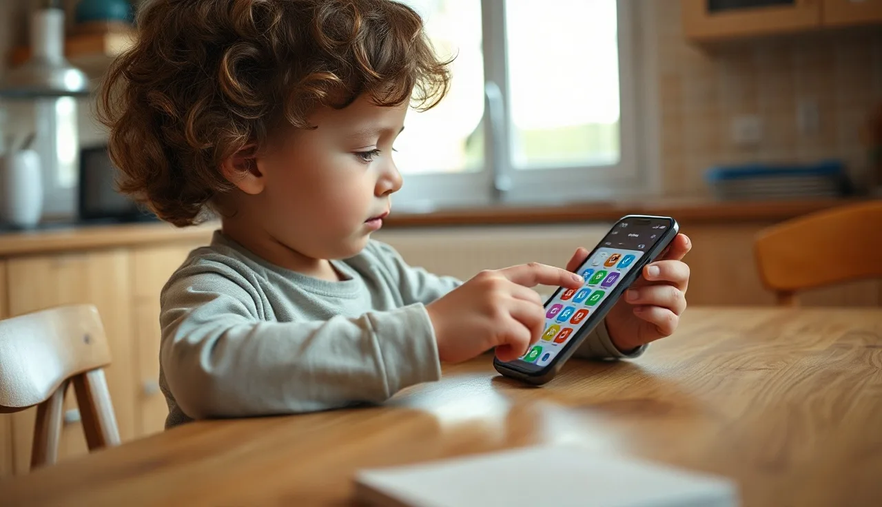 Young child using a colorful AAC app on a smartphone at a kitchen table