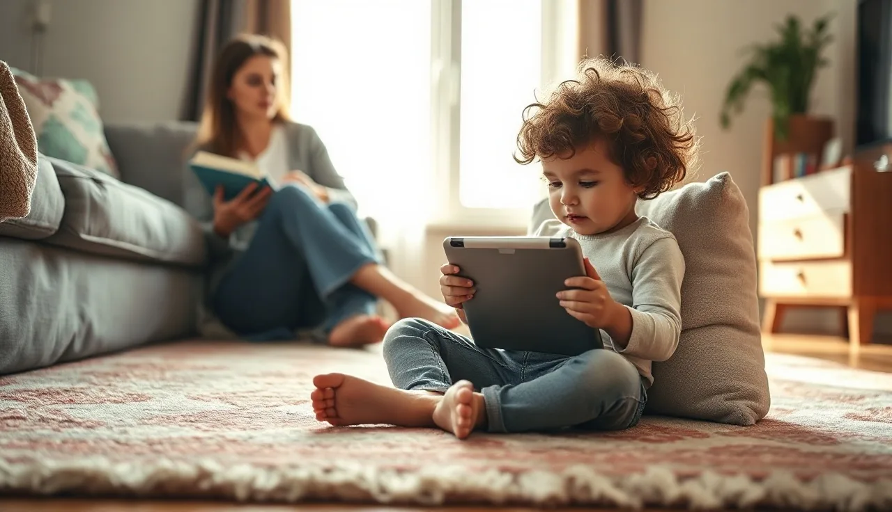 Young child tapping an AAC app on a tablet in a sunlit living room