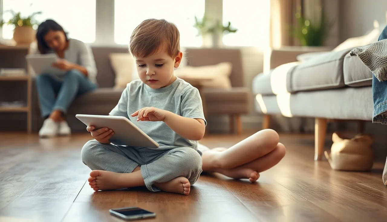 Young autistic child tapping an AAC communication app on a tablet at home