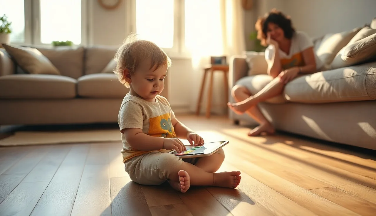 Young autistic child using a symbol-based AAC tablet on a living room floor