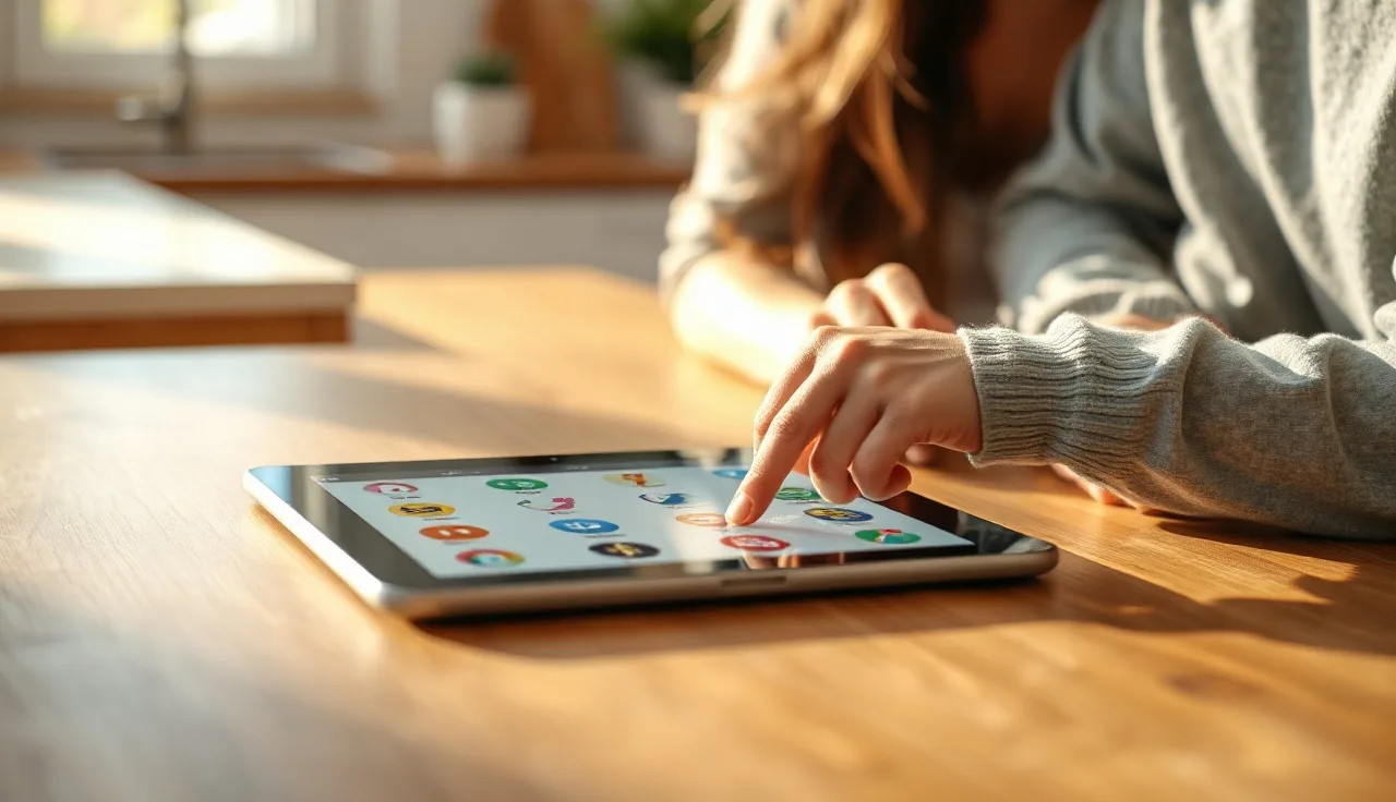 Child pressing AAC device buttons on a colorful symbol grid tablet