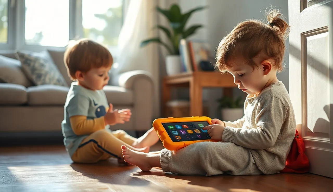 Child pressing AAC symbols on a tablet with a parent nearby