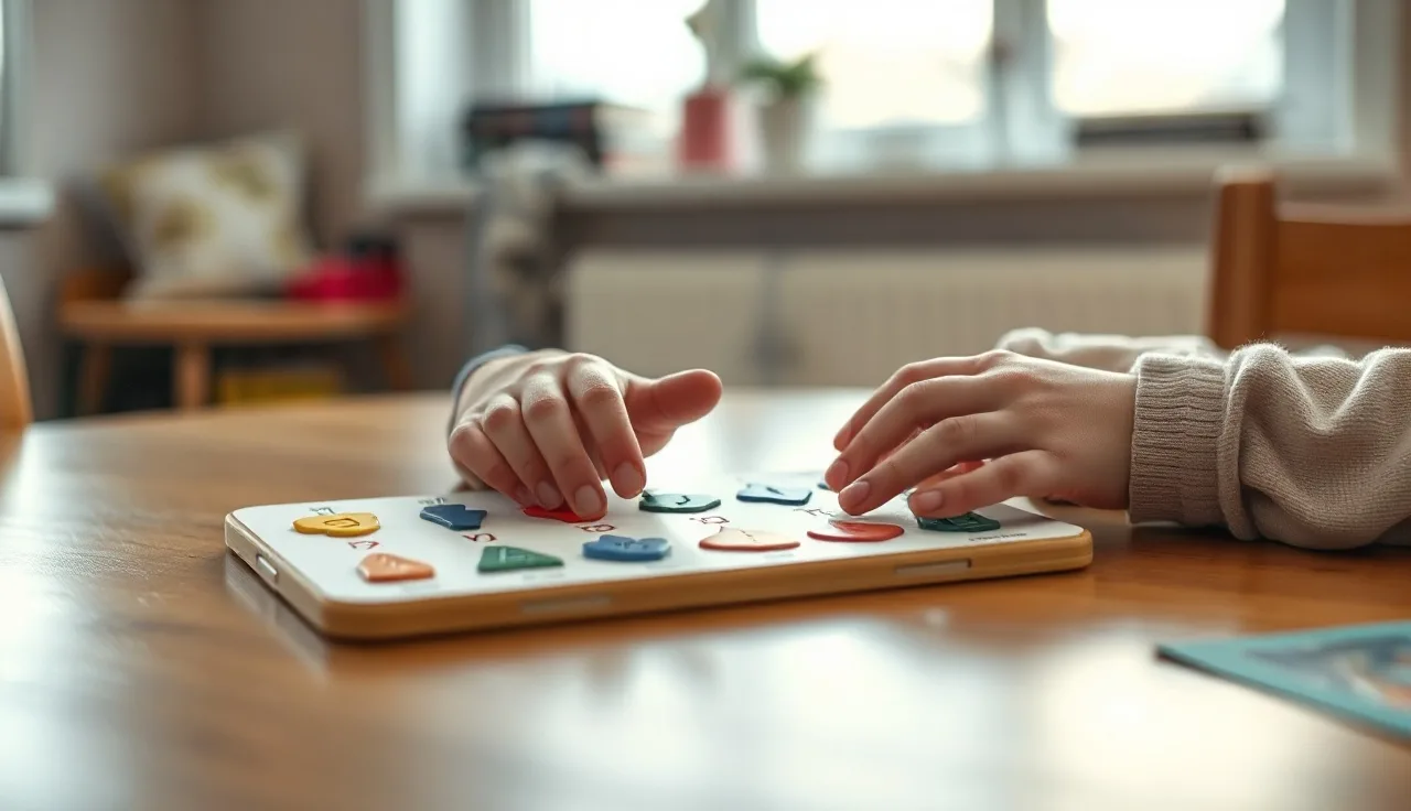 Child's hands on a colorful AAC symbol communication board on a wooden table