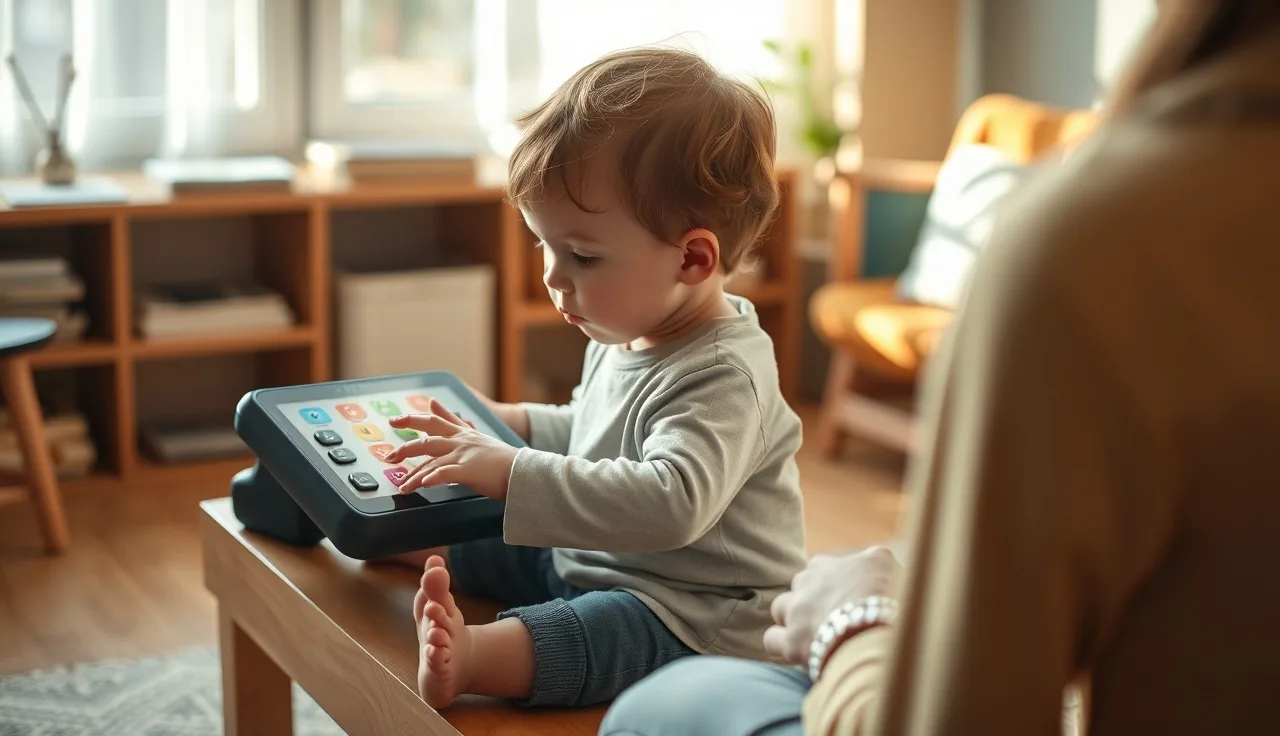 Young child using a speech-generating AAC device during speech therapy session