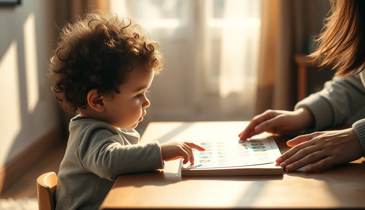 Child pointing to a picture communication board with parent nearby
