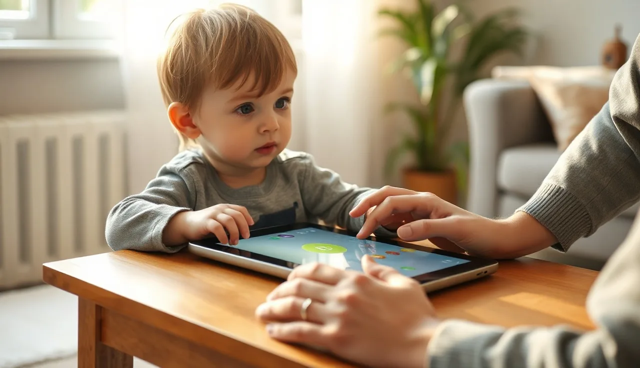Young child using an AAC communication device at a home table with an adult nearby