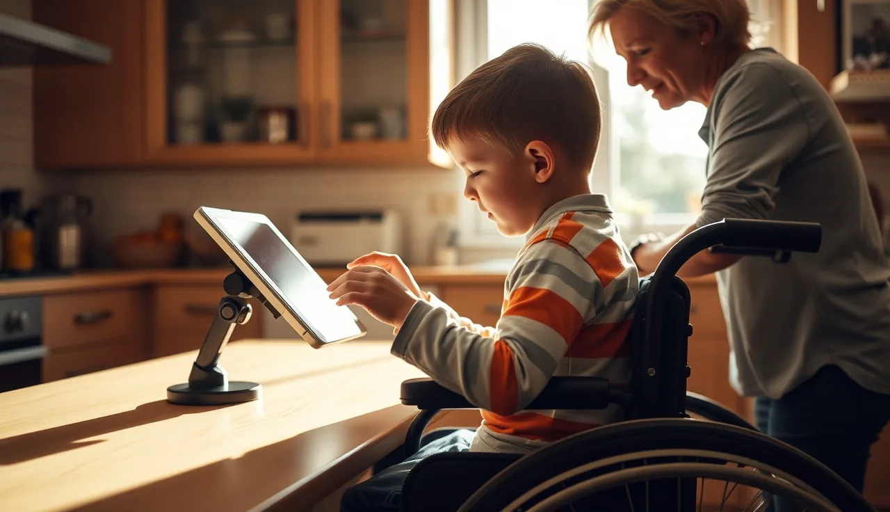 Child in wheelchair using a mounted AAC tablet device at home with parent