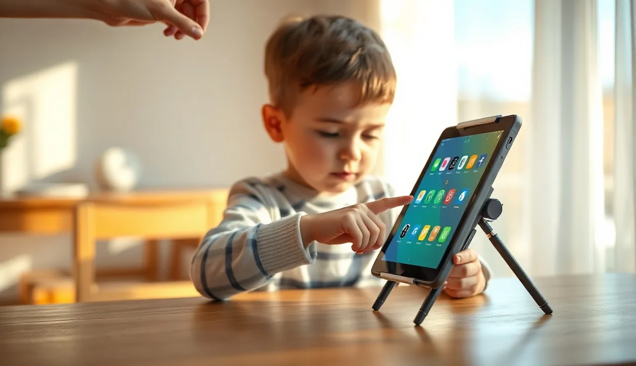 Young child using an AAC speech-generating device at a home table with a caregiver